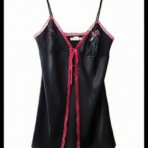 Victoria Secrets Vintage Y2K Black Satin Lingerie Slip Dress Pink Lace